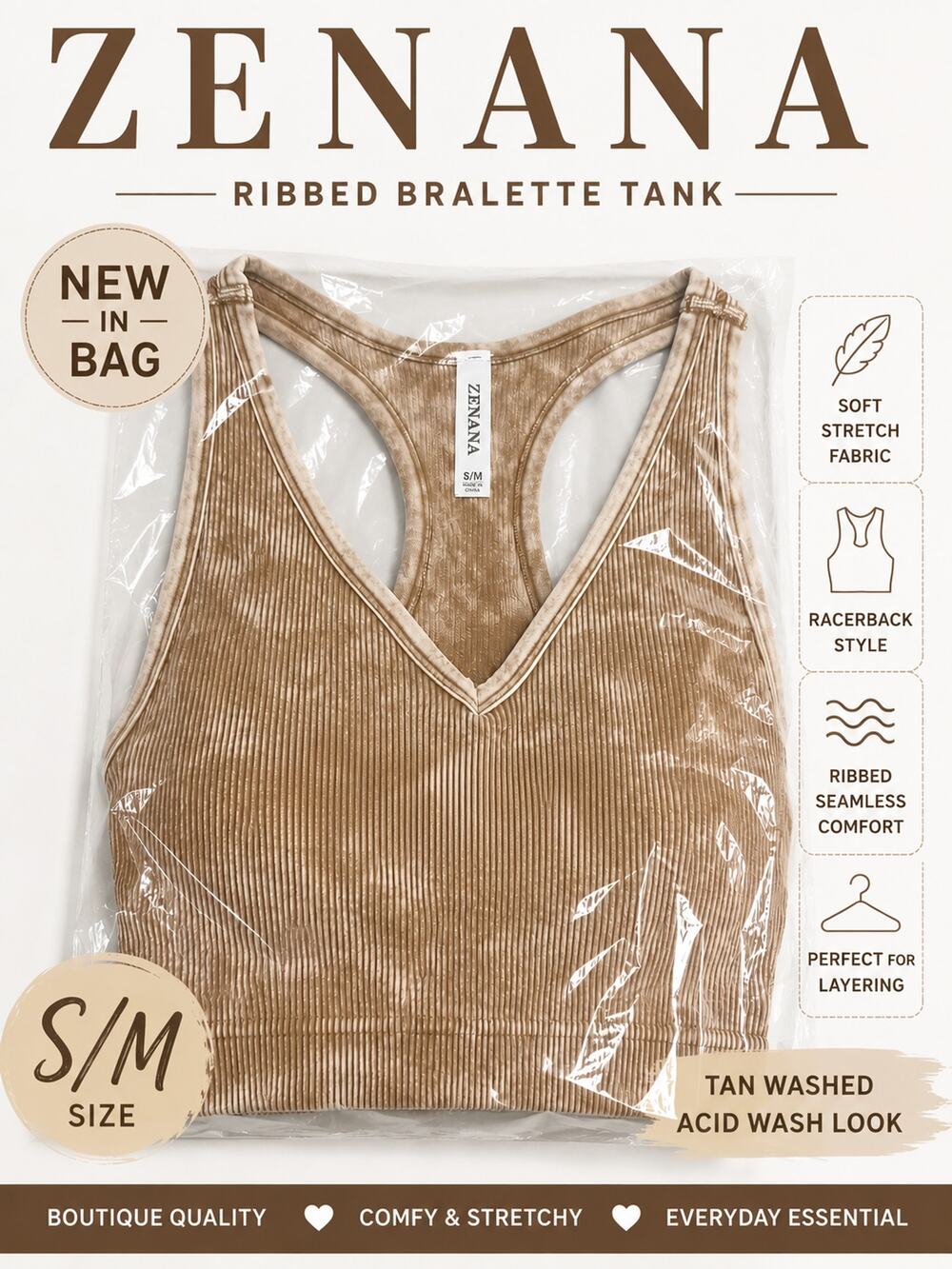 Zenana Washed Ribbed Racerback Bralette Tank S/M Tan Seamless Stretch